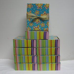 Lot of 10 Colorful Striped Gift or Storage Boxes with Gold Bow 8 x 7 x 2.25"